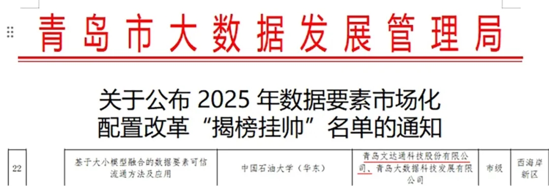 文達(dá)通股份成功入選2025年數(shù)據(jù)要素市場化配置改革“揭榜掛帥”名單